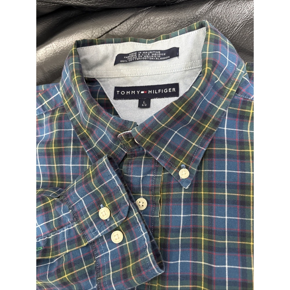 Tommy Hilfiger Men SZ L Blue Plaid Long Sleeve Button‎ Down Collared Shirt